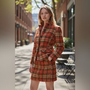 dark orange black and tan tweed skirt jacket set XX Sm 1960s  1970’s Fashion